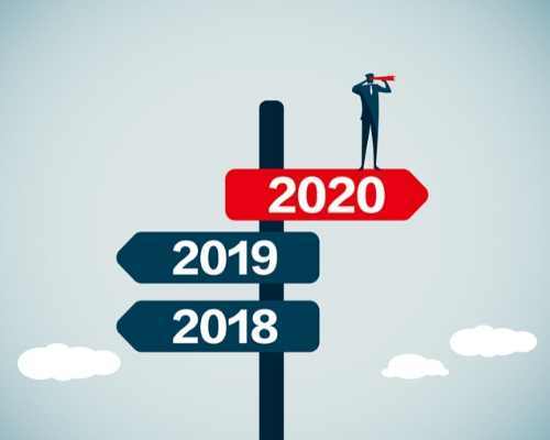 Road signs showing to go to 2019 with man looking it that direction with binoculars.