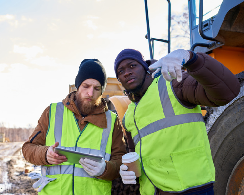 Two men on a construction site, holding tablet