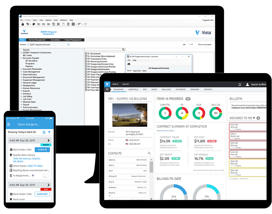 ViewpointOne construction management solutions integrate workflows and teams anywhere, anytime. Montage of ViewpointOne solutions on a desktop, tablet and smartphone